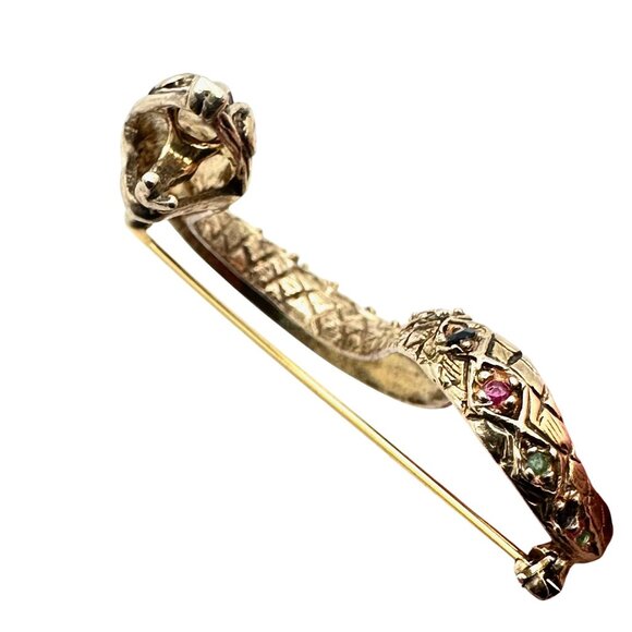 Vintage Ruby Sapphire Emerald Gold Over Sterling Silver Snake Brooch Estate - Picture 5 of 5